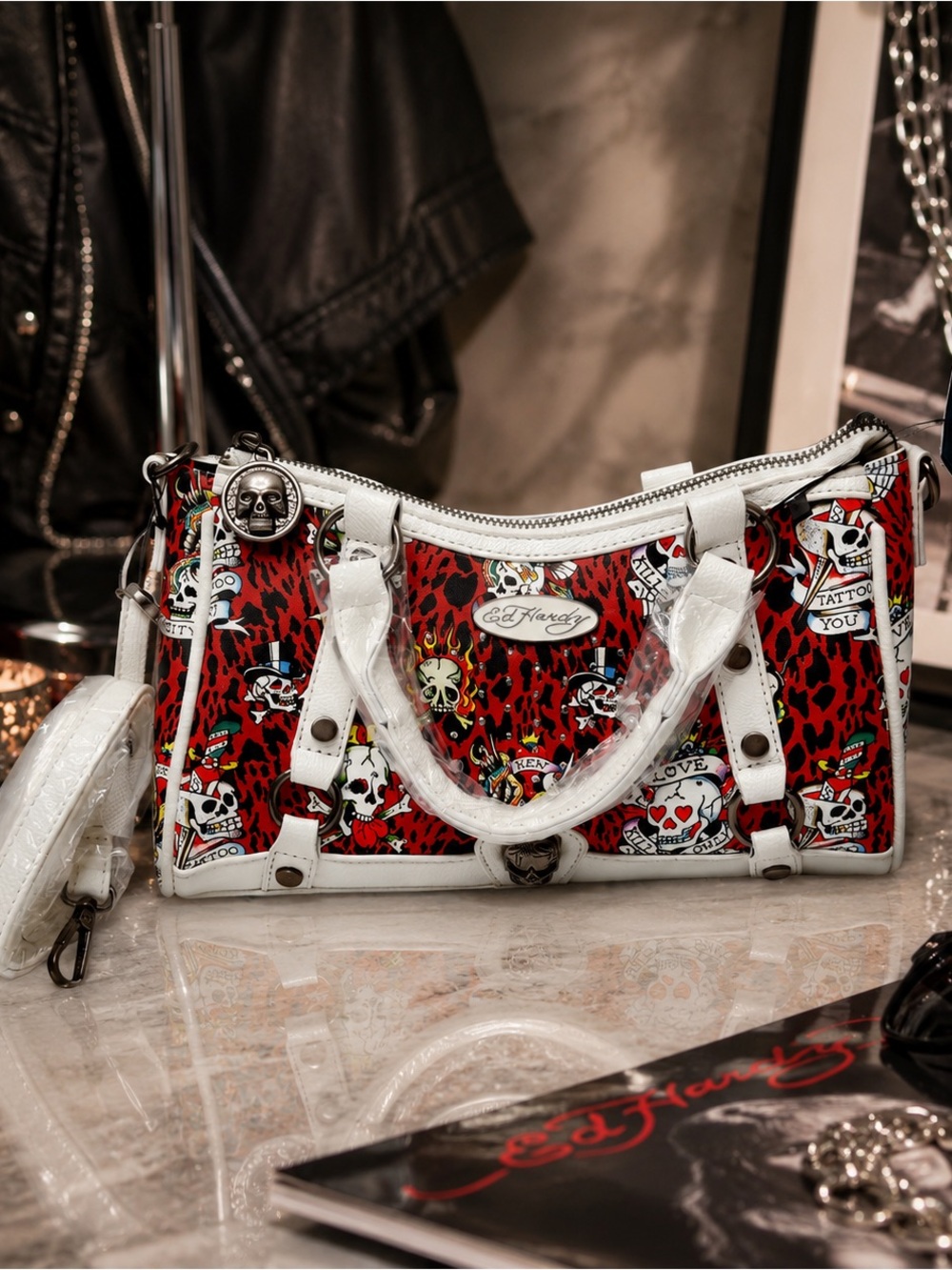 NWT Ed Hardy Red Skull Tattoo Y2K Rhinestone Handbag Purse